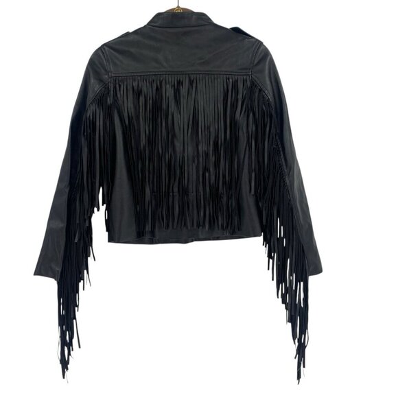 H&M Size 4 Black Faux Leather Brando Style Jacket With Fringes Western Boho - Picture 3 of 12